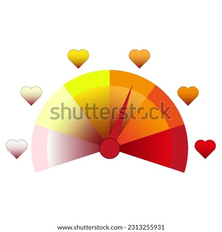 Love meter in speedometer design. Heart symbols and pointer. Love thermometer, passion scales. Vector illustration. Stock image.