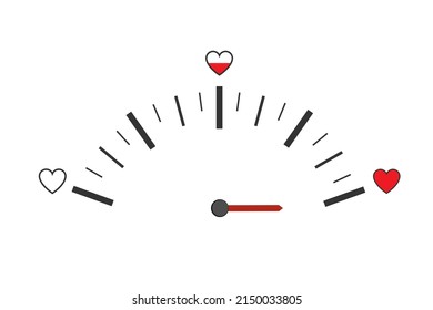 Love meter in speedometer design. Vector illustration with heart symbols and a pointer.