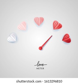 Love meter in speedometer design.Vector illustration with heart symbols and pointer.