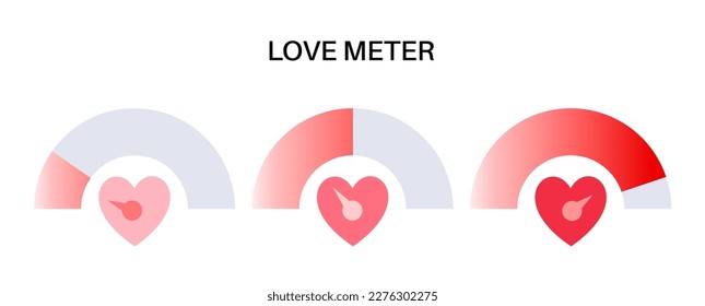 Love meter, valentine day concept. Heart symbol. Scale of relationship satisfaction. Passion measuring, love level. Progress bar of dating. Romance speedometer elements, amour card vector illustration