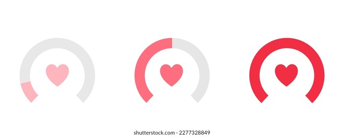 Love meter, valentine day concept. Heart symbol. Scale of relationship satisfaction. Passion measuring, love level. Progress bar of dating. Romance speedometer elements, amour card vector illustration