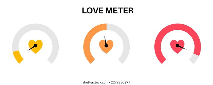 Love meter, valentine day concept. Heart symbol. Scale of relationship satisfaction. Passion measuring, love level. Progress bar of dating. Romance speedometer elements, amour card vector illustration