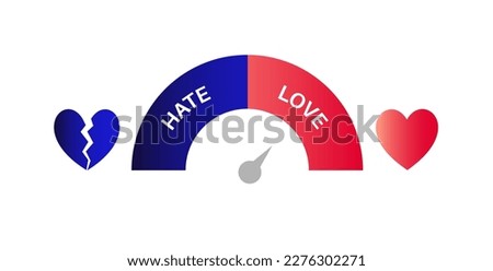 Love meter, valentine day concept. Scale of relationship satisfaction. Passion measuring. Progress bar from hate to love. Heart symbol. Romance elements, amour card isolated flat vector illustration
