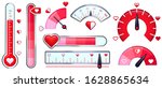 Love meter. Valentines Day card, love indicator with red hearts and love thermometer. Red heart meters vector set. Collection of analog attraction and passion scales, gauge for romance measurement.