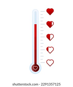 Love meter. Valentines Day, love indicator with red hearts and love thermometer. Attraction and passion scale, gauge for romance measurement. Vector illustration.