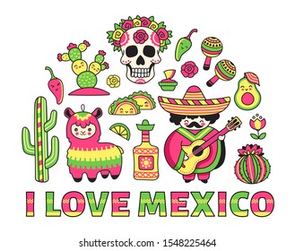 I love Mexico banner. Concept for t-shirt, print, poster, wall art, postcard. Scull, pinata, cactus, musician, sombrero. Cartoon illustrations. 