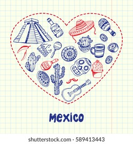 Love Mexico. Dotted heart filled with doodles associated with mexican nation drawn on squared paper vector illustration. Memories about Latin America journey. Sketched with blue and red pen icons