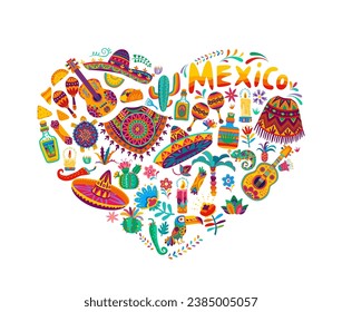 Love Mexico heart shape with mariachi musical instruments, sombrero, poncho, cactus and flowers. Mexican holidays vector pattern of cartoon guitar, maracas, tequila and tex mex food, chili and taco