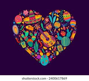 Love Mexico heart shape. Mexican holiday party print or vector background with guitar, sombrero hat, cactus flowers and tequila drink bottle, chili and jalapeno peppers, taco, burrito Mexico food