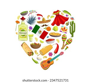 Love mexico heart shape with musical instruments, national tex mex cuisine, sombrero, guitar and flag. Isolated vector symbols of rich Mexico culture and passion for music, food, and heritage values