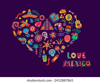 Love Mexico heart shape with tropical mexican flowers and animals, pyramids and food, pinata, sombrero, calavera skull and tequila vector pattern. Mexican holidays banner with cartoon folk ornaments