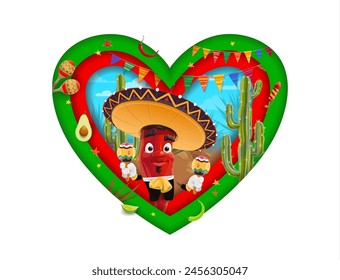 Love Mexico paper cut banner with chili pepper character in sombrero, vector heart shape. Mexican holiday fiesta festival banner with mariachi chili pepper with maracas, avocado and cactus paper cut