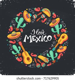 I love Mexico poster  in circle shape  Mexican culture attributes collection  Guitar  sombrero  maracas  cactus   jalapeno isolated light background  Mexico greeting card 
