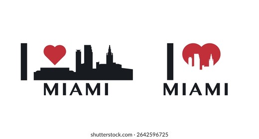 I love Miami vector art, badge, tag, icon, logo concept. USA, Florida state city landmarks and heart isolated image layout for print, image, card