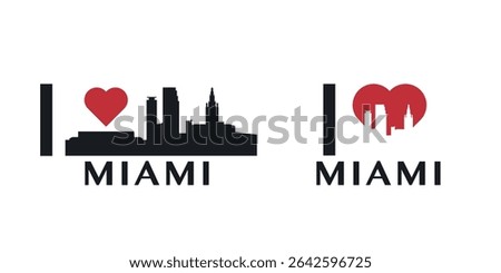 I love Miami vector art, badge, tag, icon, logo concept. USA, Florida state city landmarks and heart isolated image layout for print, image, card