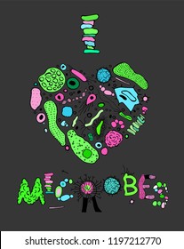 I Love Microbes. Vertical microbiology poster in luminescent colors. Microbiological hand drawn lettering. Editable vector illustration on grey background. Scientific, biological graphic design.