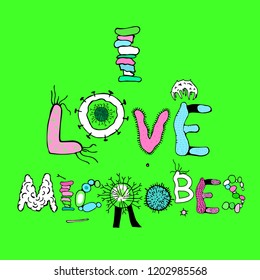 I Love Microbes. Vertical microbiology poster in luminescent colors. Microbiological hand drawn lettering. Editable vector illustration on green background. Scientific, biological graphic design.