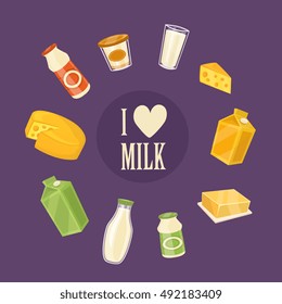 I love milk banner with different dairy products isolated on perpl background, vector illustration. Nutritious and healthy milk products. Natural and healthy food. Organic farmers products