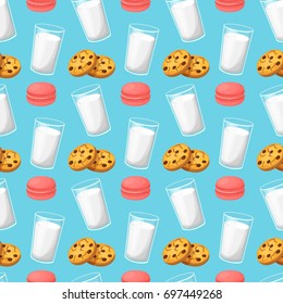 Love milk and sweets seamless pattern. Colorful breakfast background with milk and sweets. Colorful template for cooking and restaurant menu.
