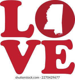 LOVE Mississippi State Red Outline Vector Graphic Illustration Isolated	