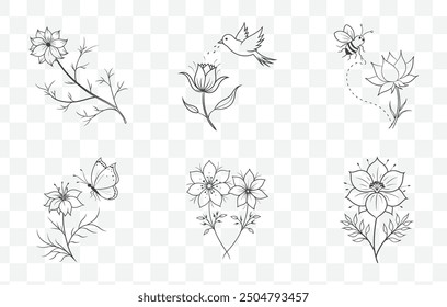 Love in a Mist Flower Line Art Vector Set Elegant Floral Illustrations with Delicate Love in a Mist Flower Design