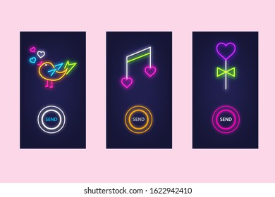 Love mobile app set with neon glow icons. Virtual love. UI design. Vector.
