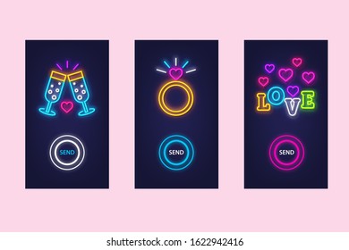 Love mobile app set with neon glow icons. Virtual love. UI design. Vector.