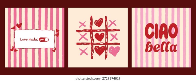 Love Mode Auf romantischen roten Vintage-Stil Linie Kunst-Set mit Händen, Rosen, Schokolade Herz und Schmuck Geschenkelemente, perfekt für Valentine Designs, Liebe Themen, feminine Dekor, Karten und trendige Produkte.