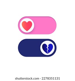 Love mode toggle. Valentine day UI element. Healthy and broken heart symbol. Slider of love for mobile application. Relationship mode on or off. Passion measuring indicator for smartphone flat vector