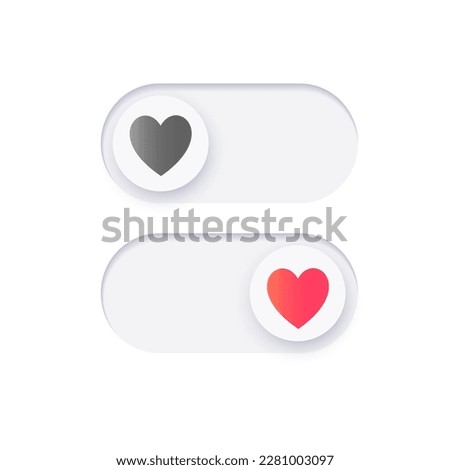 Love mode toggle. Valentine day UI element. Heart symbol for mobile application. Slider of love. Relationship mode on or off. Passion measuring indicator for smartphone flat vector illustration.