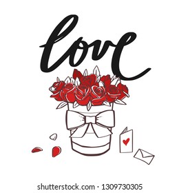 Love modern calligraphy . Vector handwritten design logo with roses bouquet