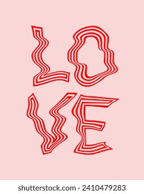 Love. Modern Valentine's Day Vector Print with Red Letters Made Of Wavy Lines on a Light Blush Pink Background. Abstract Love. Simple Romantic Illustrations ideal for Wall Art, Poster.