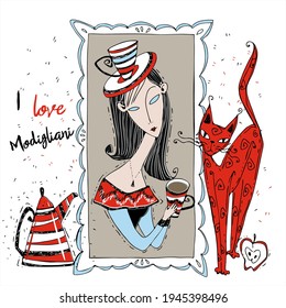 I love Modigliani. Painting with a lady in the Art Nouveau style. Modigliani art. Vector. A lady with a cat.