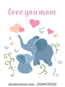 Love mom card with baby elephant and mother animal