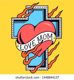 Love Mom Cross Old School Tattoo Vector