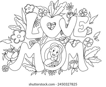 Love mom doodle greeting card vector illustration. Mom with baby and hand drawn lettering "Love MOM" with flowers on the background outline cartoon artwork. Design for mother's day, mother to be.