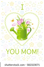 I love mom greeting card. Mothers day poster design. Fresh spring tulip flowers bouquet. Heart cute cartoon abstract banner flyer. Polka dots pattern. Isolated white background vector illustration.