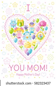 I love mom greeting card. Mothers day poster design. Heart cute cartoon icon set, abstract banner flyer. Rose flower, lily, baby boy, girl, gift box, isolated white background vector illustration.