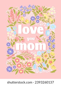 Love mom greeting postcard. Blue poster with colorful leaves and flowers. Good relations in family. Care about mother. Support and help. Booklet and leaflet. Cartoon flat vector illustration
