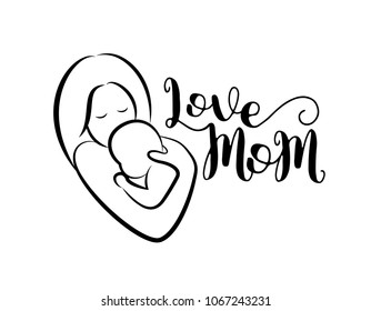 Love mom  lettering design with mom hugs her child icon. Happy Mother's Day concept. Vector illustration isolated on a white background.