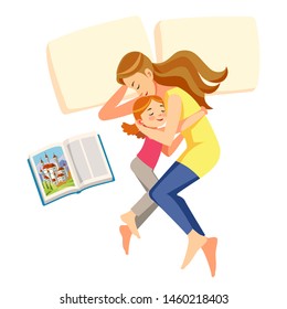 I love mom. Mother put her daughter to sleep. Concept care. Motherhood child-rearing. Mother's day holiday. Isolated vector illustration in cartoon style