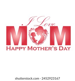 I Love Mom Mother's Day postcard, Heart with mother and child elements, white background. Vector symbols of love in shape of heart for Happy Mother's Day greeting card design