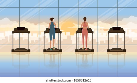 Love moment concept of LGBT females while running on treadmill at fitness center in early morning sunrise. Everyday daily routine of active healthy people city lifestyle of diligent cardio exercise.