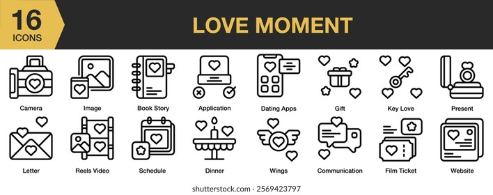 Love Moment icon set. Includes Gallery, Heart, Love, Memories, Picture, Romantic, Valentine, and More. Outline icons vector collection.