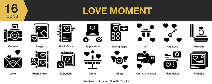 Love Moment solid icon set. Includes Gallery, Heart, Love, Memories, Picture, Romantic, Valentine, and More. Solid icons vector collection.