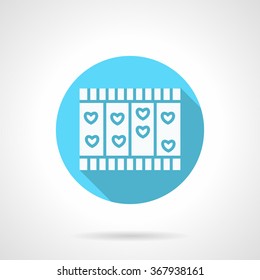 Love moments imaging in small heart on a white film tape. Love story, romantic moments. Blue vector icon with long shadow. Valentines Day series. Design element for website, mobile app.