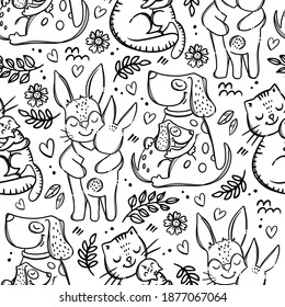 LOVE FOR MOMMY Cute Animals Hugs And Kisses Their Children Parental Relationship Monochrome Hand Drawn Seamless Pattern Vector Illustration For Print