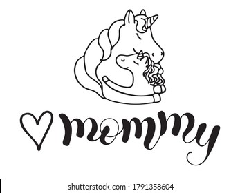 Love mommy lettering with unicorn baby and mom embracing. Design for textile print, logo, postcard, poster. Vector illustration