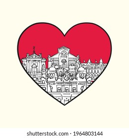 I love Monaco. Red heart and famous buildings, Monaco Composition. Hand-drawn black and white vector illustration. Grouped and movable objects.