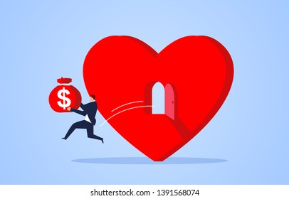 Love money, businessman holding money bag and jumping out of heart shape